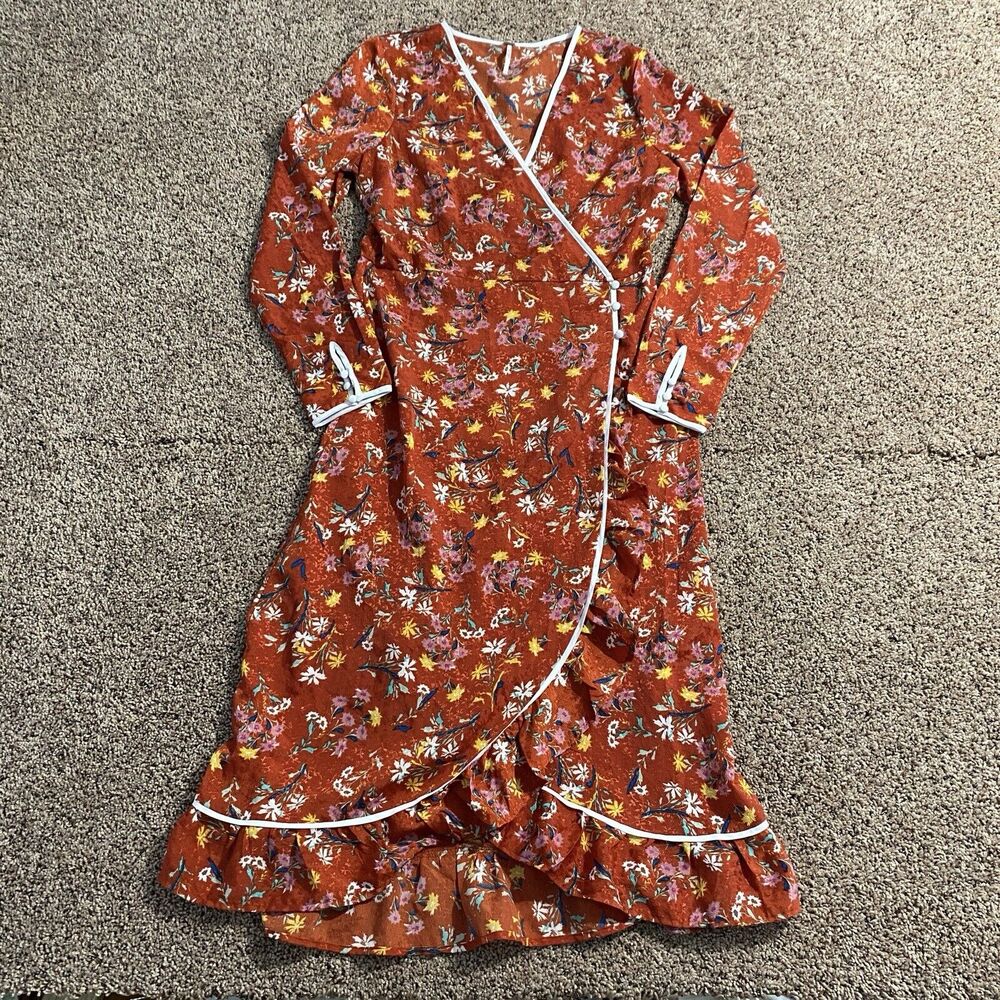 Free People Women’s Boho Red Covent Garden Floral Midi Wrap Dress Size 6